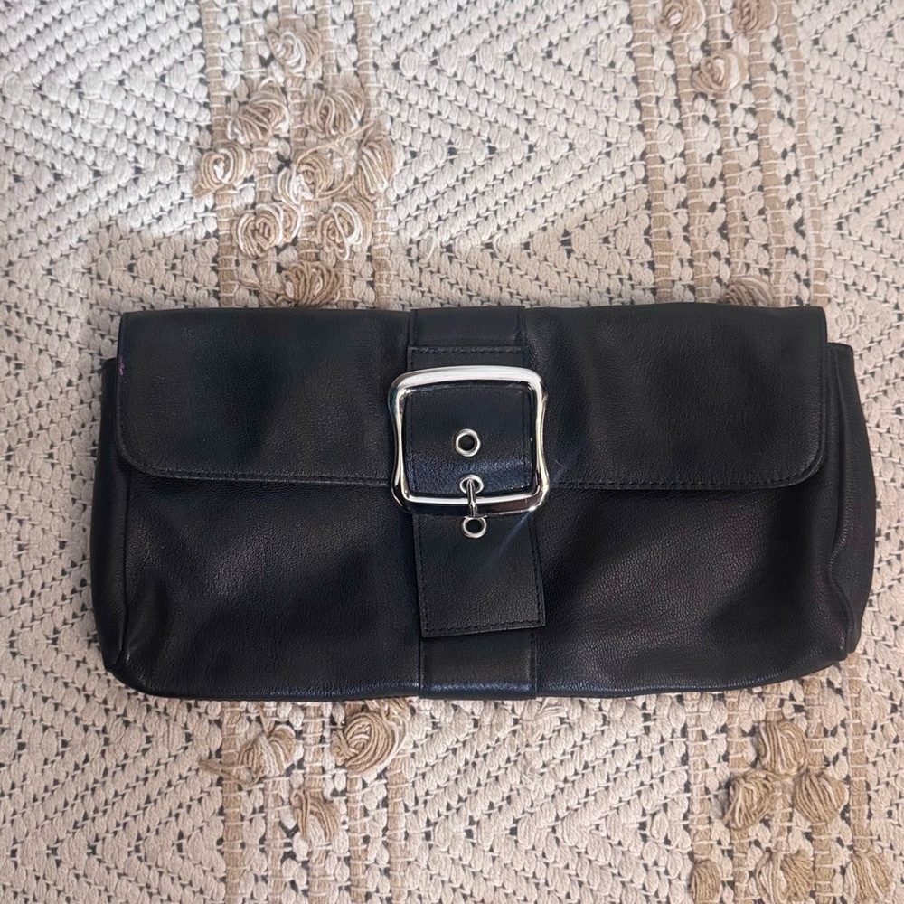 Black Pink Real Leather Buckle Clutch Purse